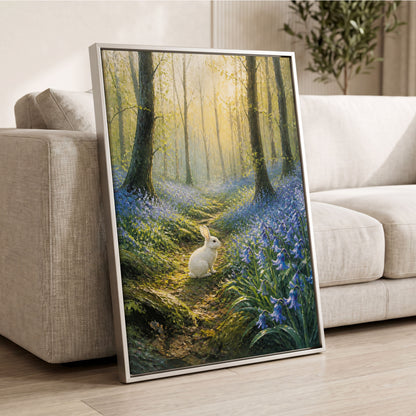 Bluebell Dawn, green, blue, gold nature wall art displayed in a styled interior, gallery view 2