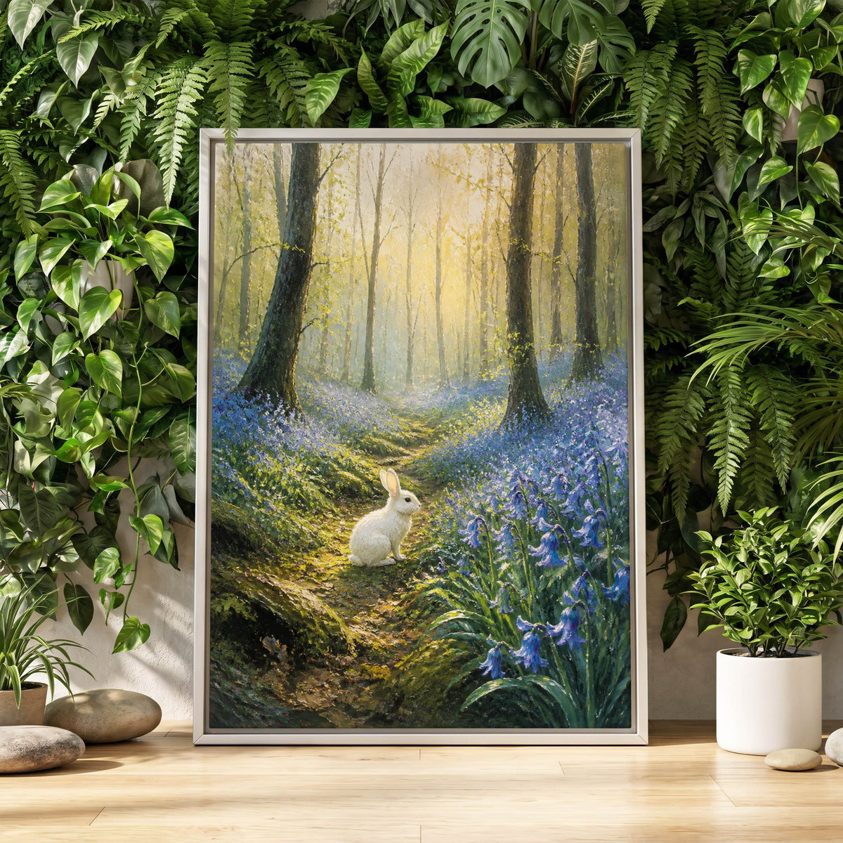 Bluebell Dawn, green, blue, gold nature wall art displayed in a styled interior, gallery view 2