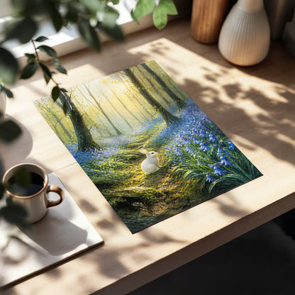 Bluebell Dawn, green, blue, gold nature wall art displayed in a styled interior, gallery view 3