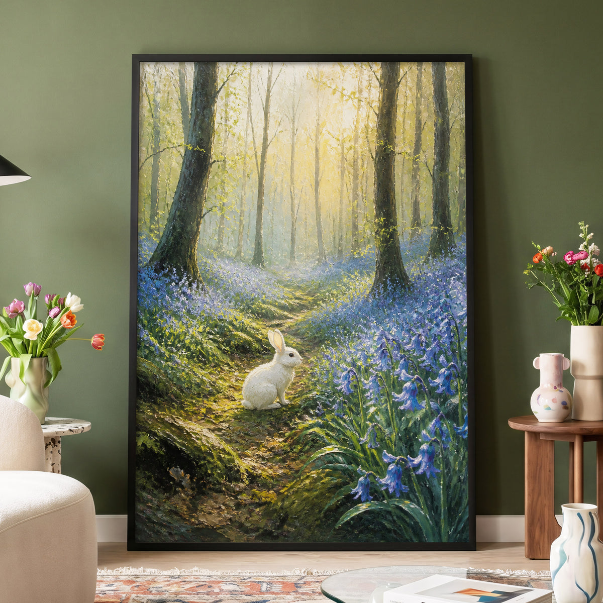 Bluebell Dawn, green, blue, gold nature wall art displayed in a styled interior, gallery view 4