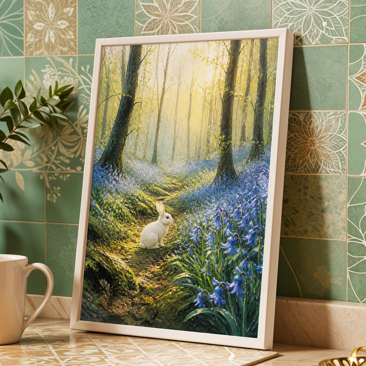 Bluebell Dawn, green, blue, gold nature wall art displayed in a styled interior, gallery view 4
