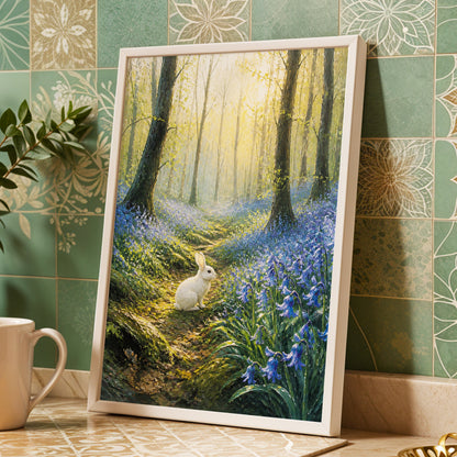 Bluebell Dawn, green, blue, gold nature wall art displayed in a styled interior, gallery view 4