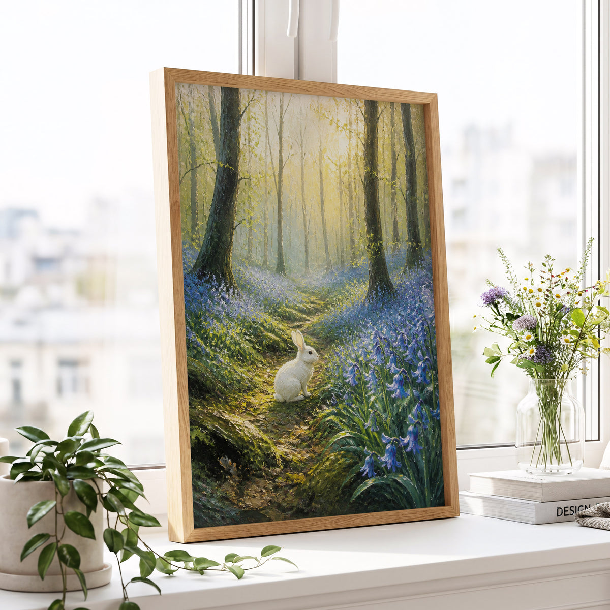 Bluebell Dawn, green, blue, gold nature wall art displayed in a styled interior, gallery view 5