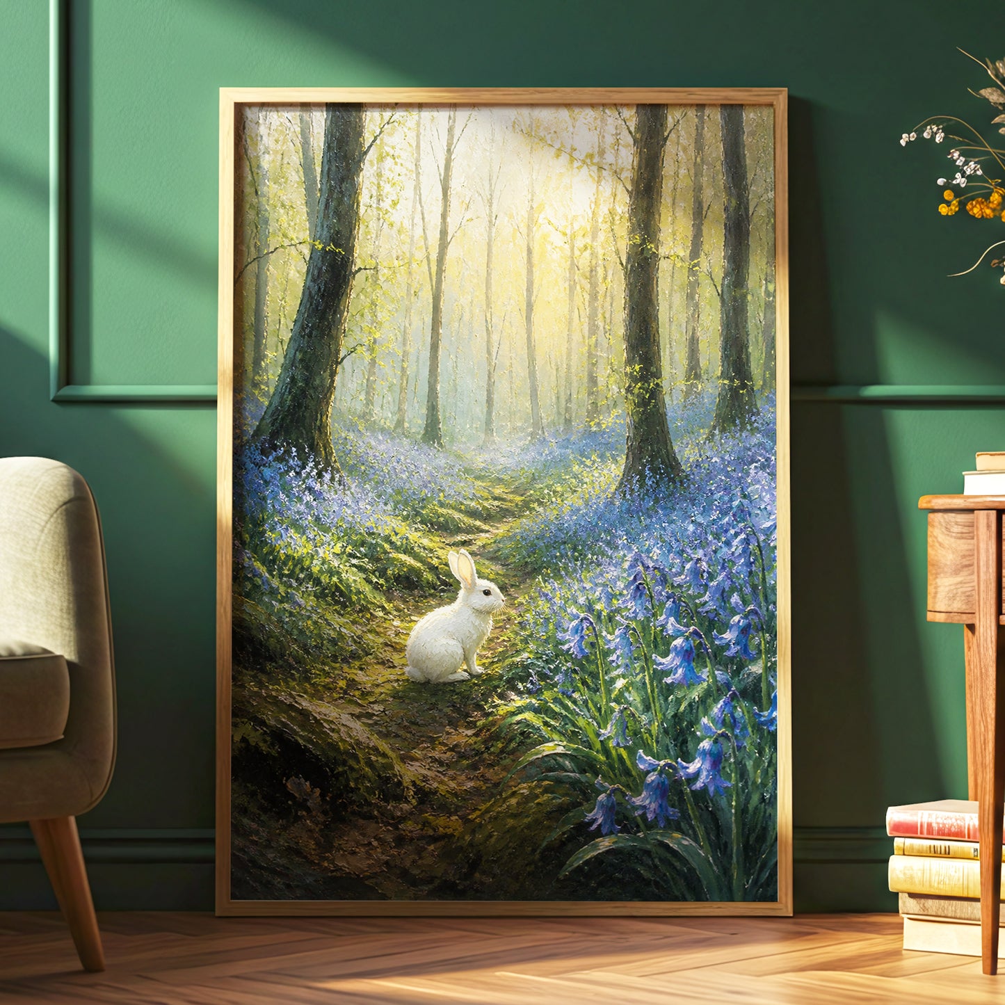 Bluebell Dawn, green, blue, gold nature wall art displayed in a styled interior, gallery view 6