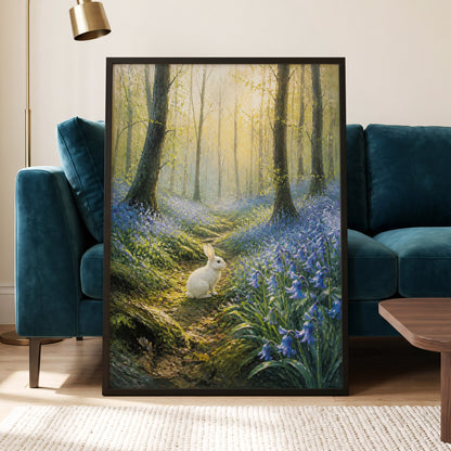 Bluebell Dawn, green, blue, gold nature wall art displayed in a styled interior, gallery view 6
