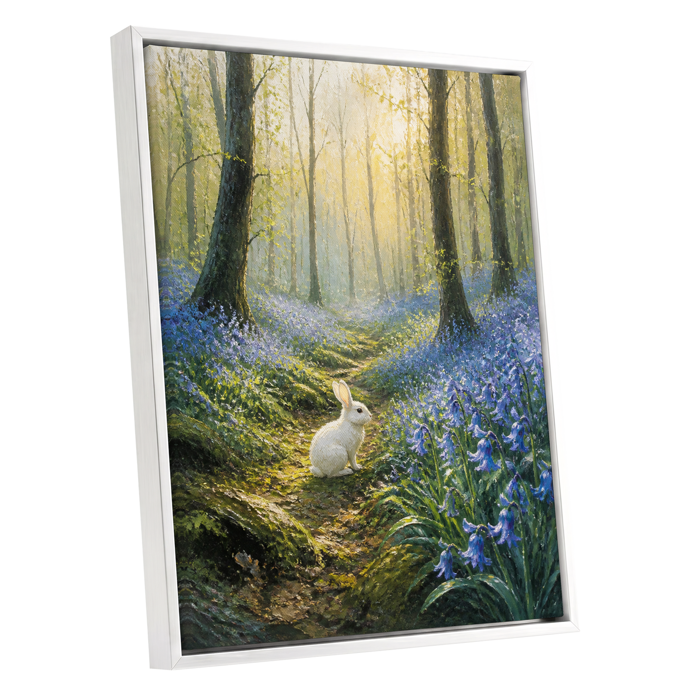 Bluebell Dawn, green, blue, gold nature wall art shown as a white framed canvas wall art