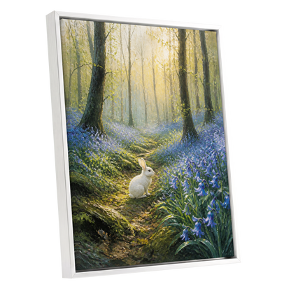 Bluebell Dawn, green, blue, gold nature wall art shown as a white framed canvas wall art