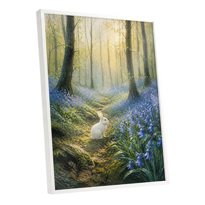 Bluebell Dawn, green, blue, gold nature wall art shown as a white framed poster wall art print