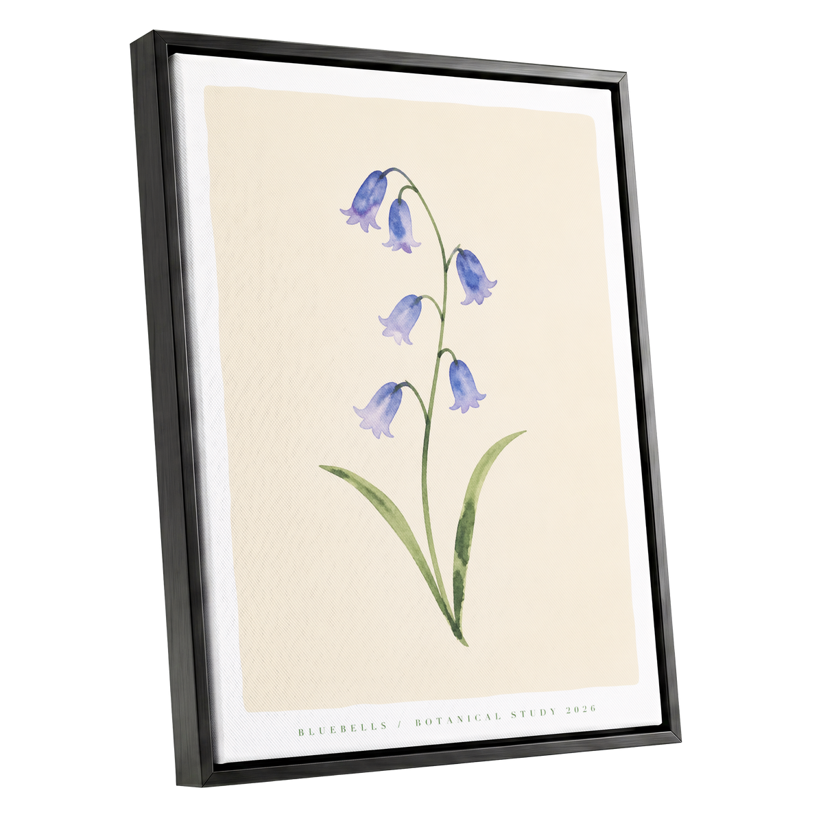 Bluebell Reverie, blue, green, beige floral wall art shown as a black framed canvas wall art