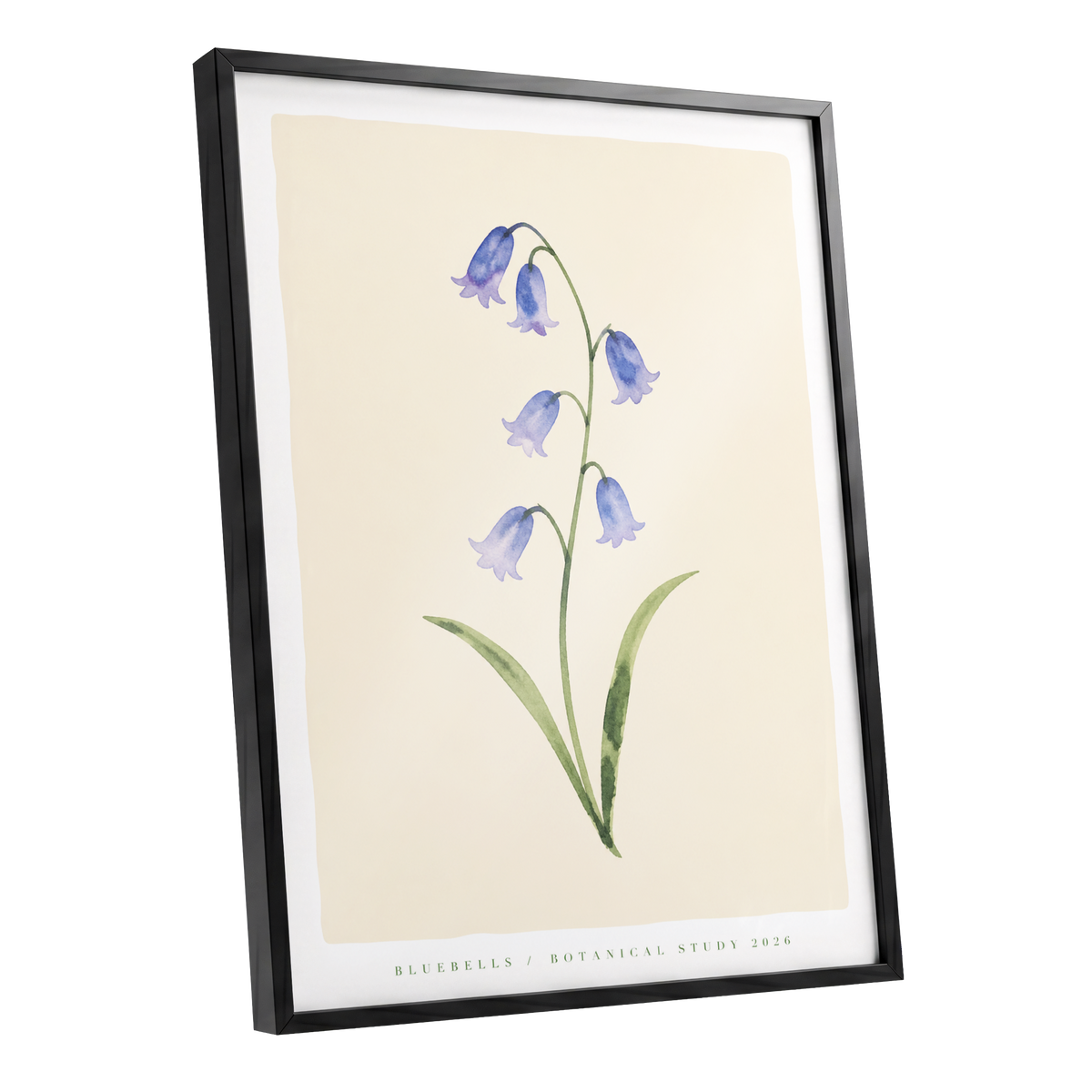Bluebell Reverie, blue, green, beige floral wall art shown as a black framed poster wall art print