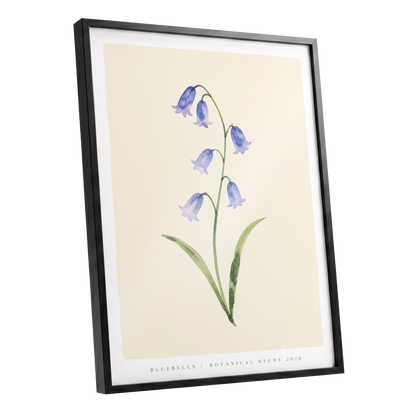 Bluebell Reverie, blue, green, beige floral wall art shown as a black framed poster wall art print