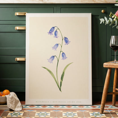 Bluebell Reverie, blue, green, beige floral wall art on canvas displayed in a styled interior, gallery view 2
