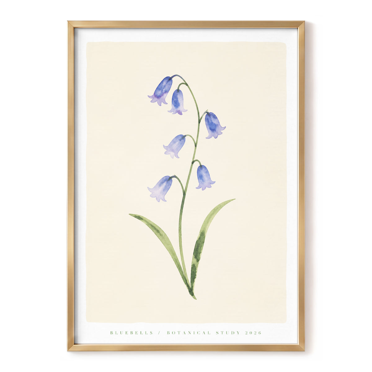 Bluebell Reverie, blue, green, beige floral wall art, front artwork view