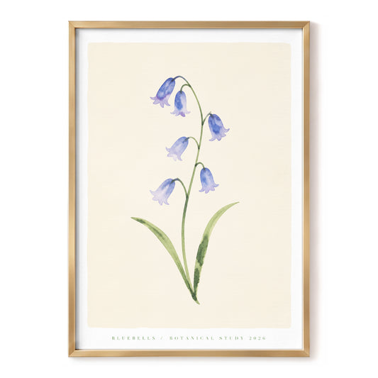 Bluebell Reverie, blue, green, beige floral wall art, front artwork view