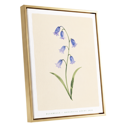 Bluebell Reverie, blue, green, beige floral wall art shown as a gold framed canvas wall art