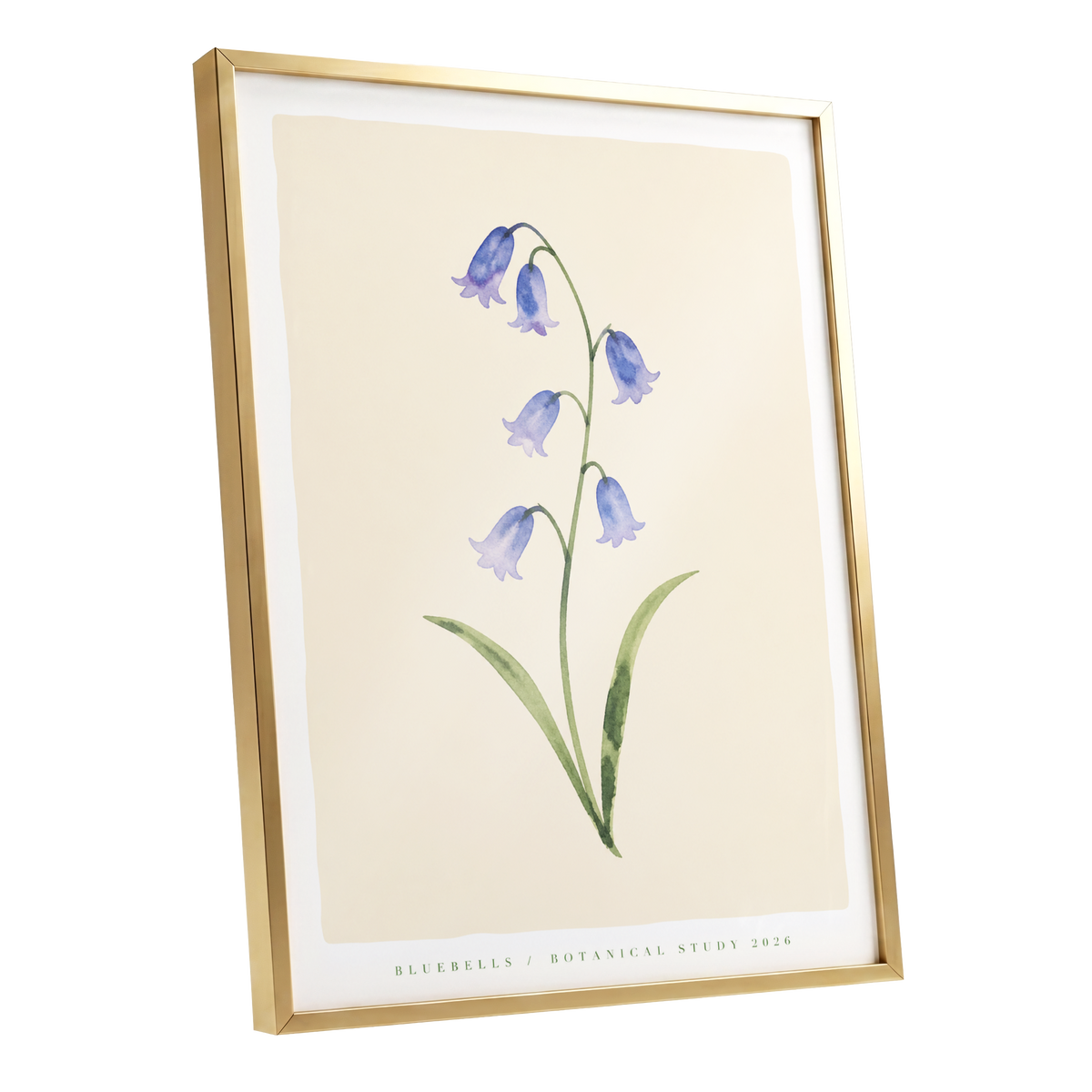 Bluebell Reverie, blue, green, beige floral wall art shown as a gold framed poster wall art print