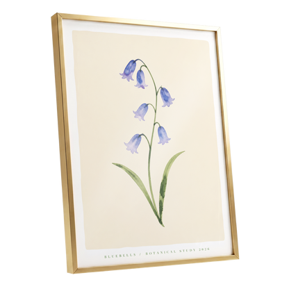 Bluebell Reverie, blue, green, beige floral wall art shown as a gold framed poster wall art print