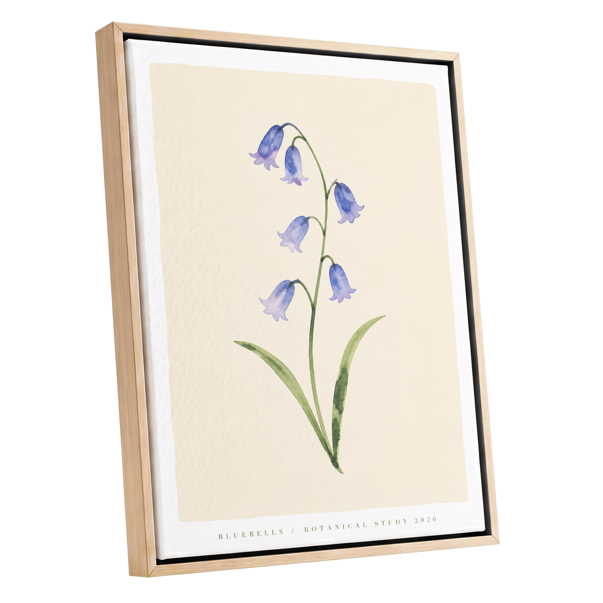 Bluebell Reverie, blue, green, beige floral wall art shown as a oak framed canvas wall art