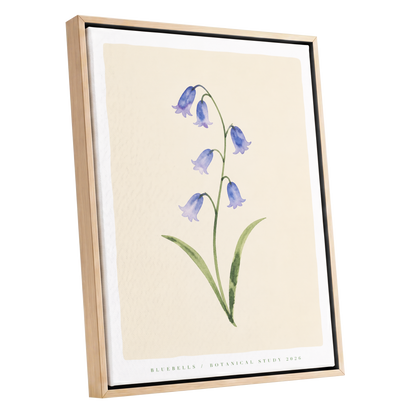 Bluebell Reverie, blue, green, beige floral wall art shown as a oak framed canvas wall art