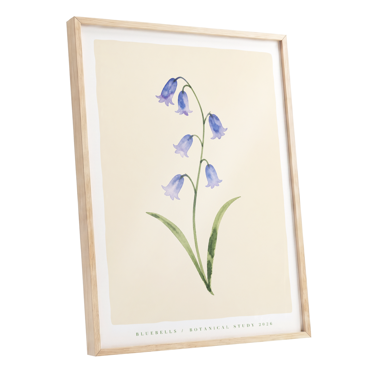 Bluebell Reverie, blue, green, beige floral wall art shown as a oak framed poster wall art print