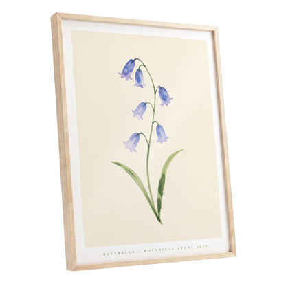 Bluebell Reverie, blue, green, beige floral wall art shown as a oak framed poster wall art print