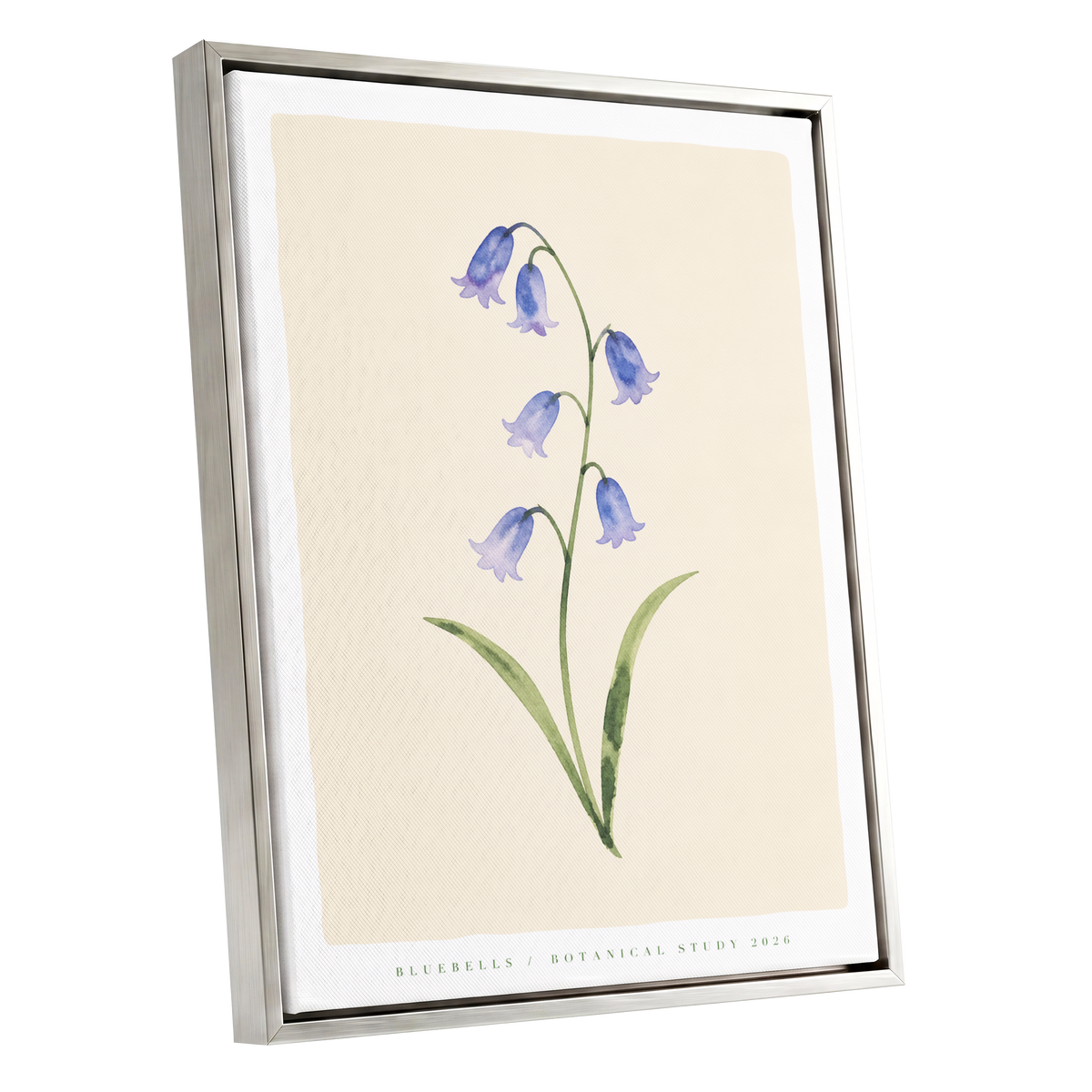 Bluebell Reverie, blue, green, beige floral wall art shown as a silver framed canvas wall art