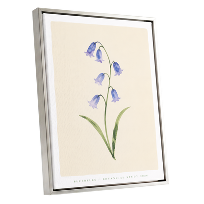 Bluebell Reverie, blue, green, beige floral wall art shown as a silver framed canvas wall art