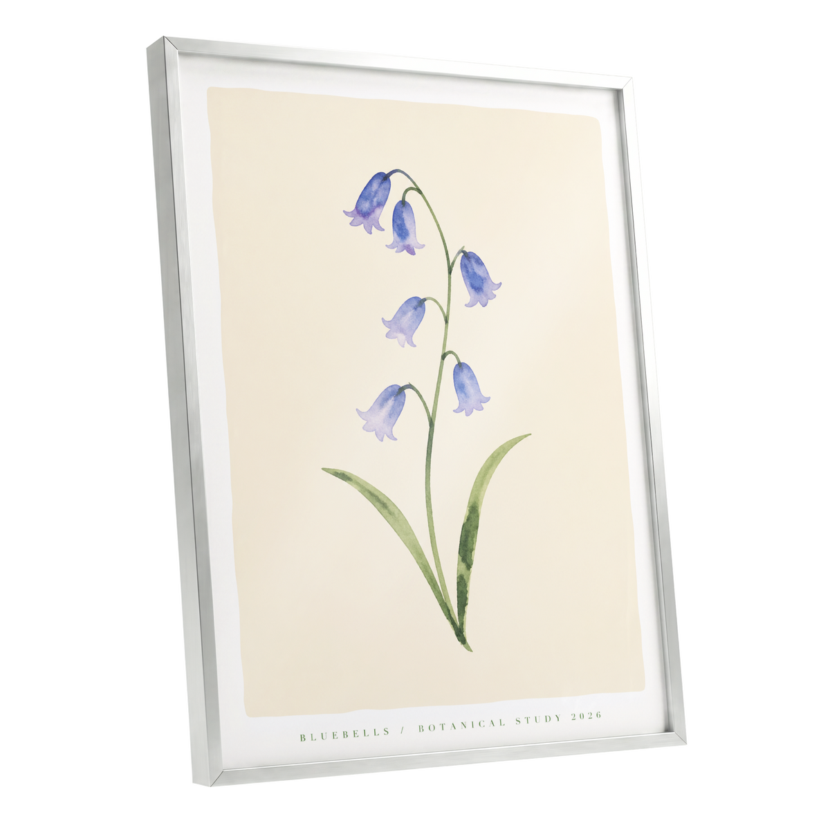 Bluebell Reverie, blue, green, beige floral wall art shown as a silver framed poster wall art print