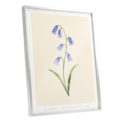 Bluebell Reverie, blue, green, beige floral wall art shown as a silver framed poster wall art print