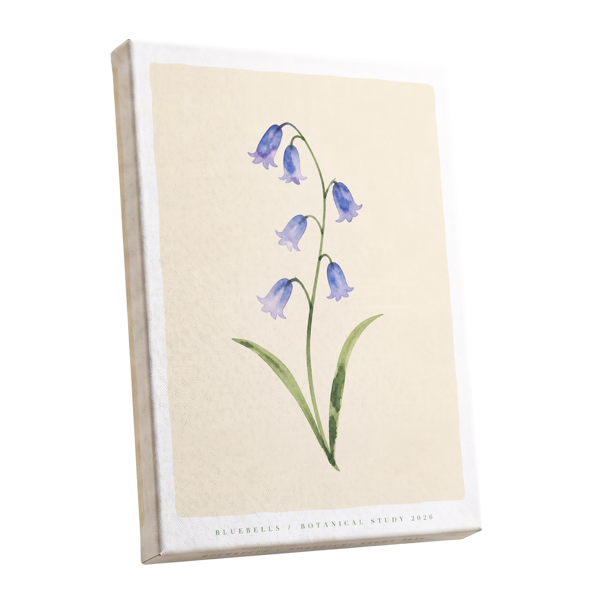 Bluebell Reverie, blue, green, beige floral wall art shown as a stretched canvas wall art
