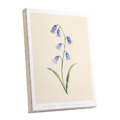 Bluebell Reverie, blue, green, beige floral wall art shown as a stretched canvas wall art