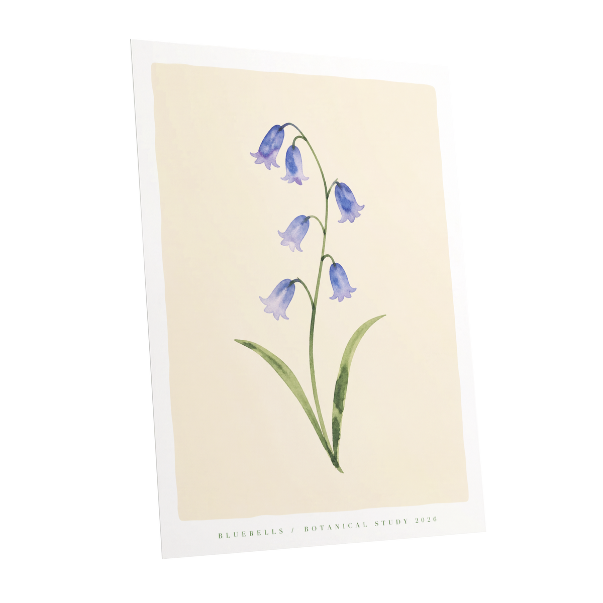 Bluebell Reverie, blue, green, beige floral wall art shown as a unframed poster wall art print