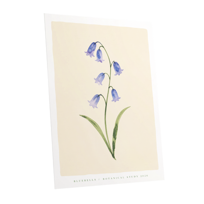 Bluebell Reverie, blue, green, beige floral wall art shown as a unframed poster wall art print