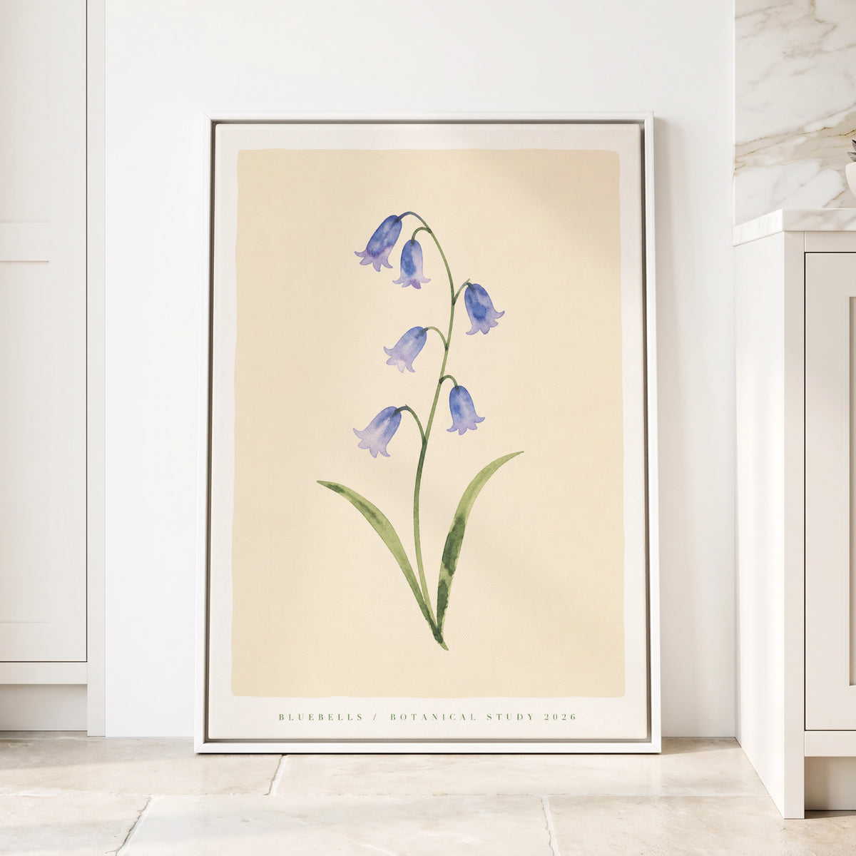 Bluebell Reverie, blue, green, beige floral wall art displayed in a styled interior, gallery view 1