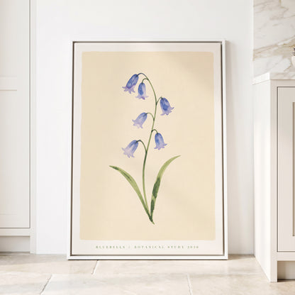 Bluebell Reverie, blue, green, beige floral wall art displayed in a styled interior, gallery view 1