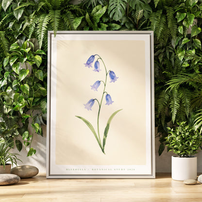 Bluebell Reverie, blue, green, beige floral wall art displayed in a styled interior, gallery view 2