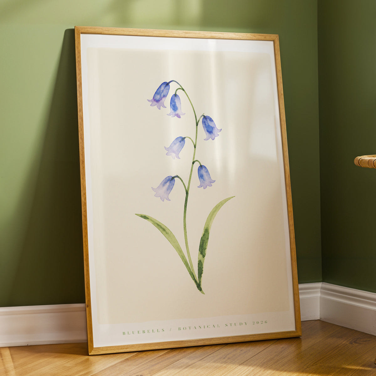 Bluebell Reverie, blue, green, beige floral wall art displayed in a styled interior, gallery view 3