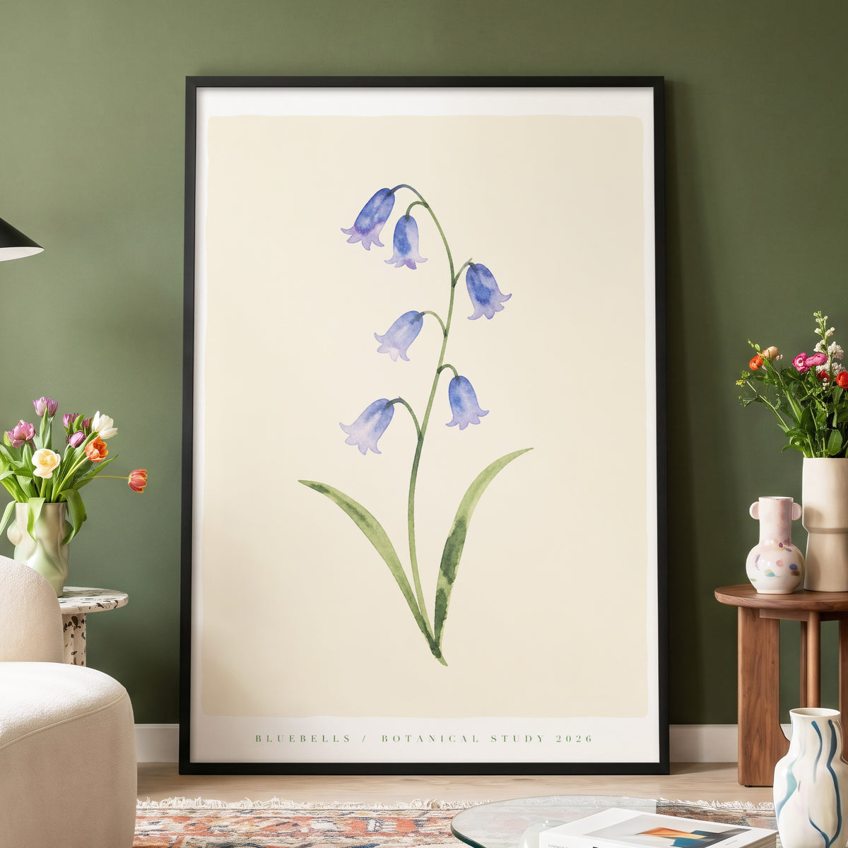 Bluebell Reverie, blue, green, beige floral wall art displayed in a styled interior, gallery view 5