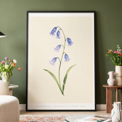 Bluebell Reverie, blue, green, beige floral wall art displayed in a styled interior, gallery view 5