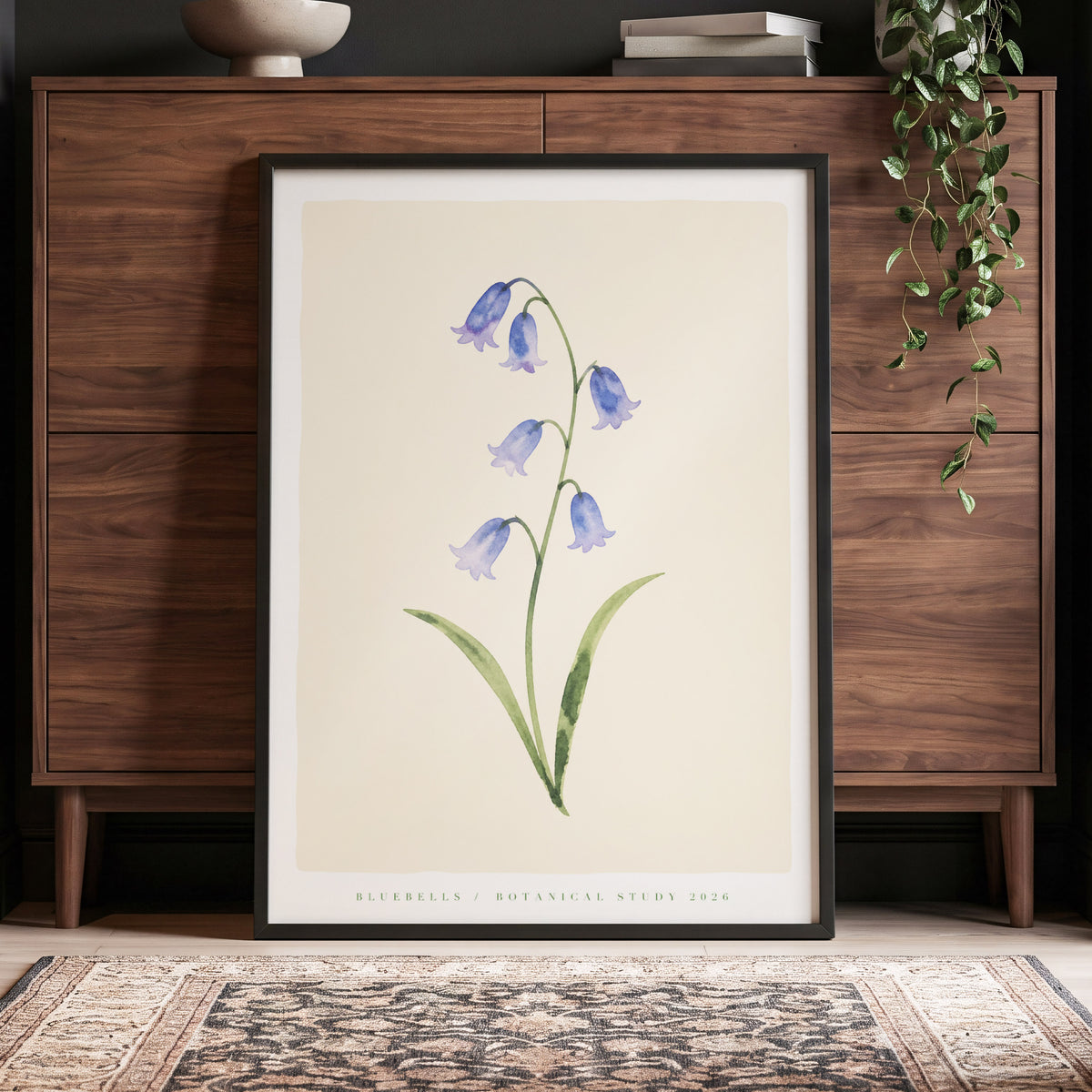 Bluebell Reverie, blue, green, beige floral wall art displayed in a styled interior, gallery view 6