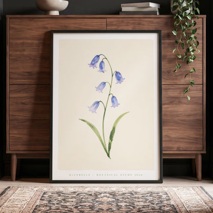 Bluebell Reverie, blue, green, beige floral wall art displayed in a styled interior, gallery view 6