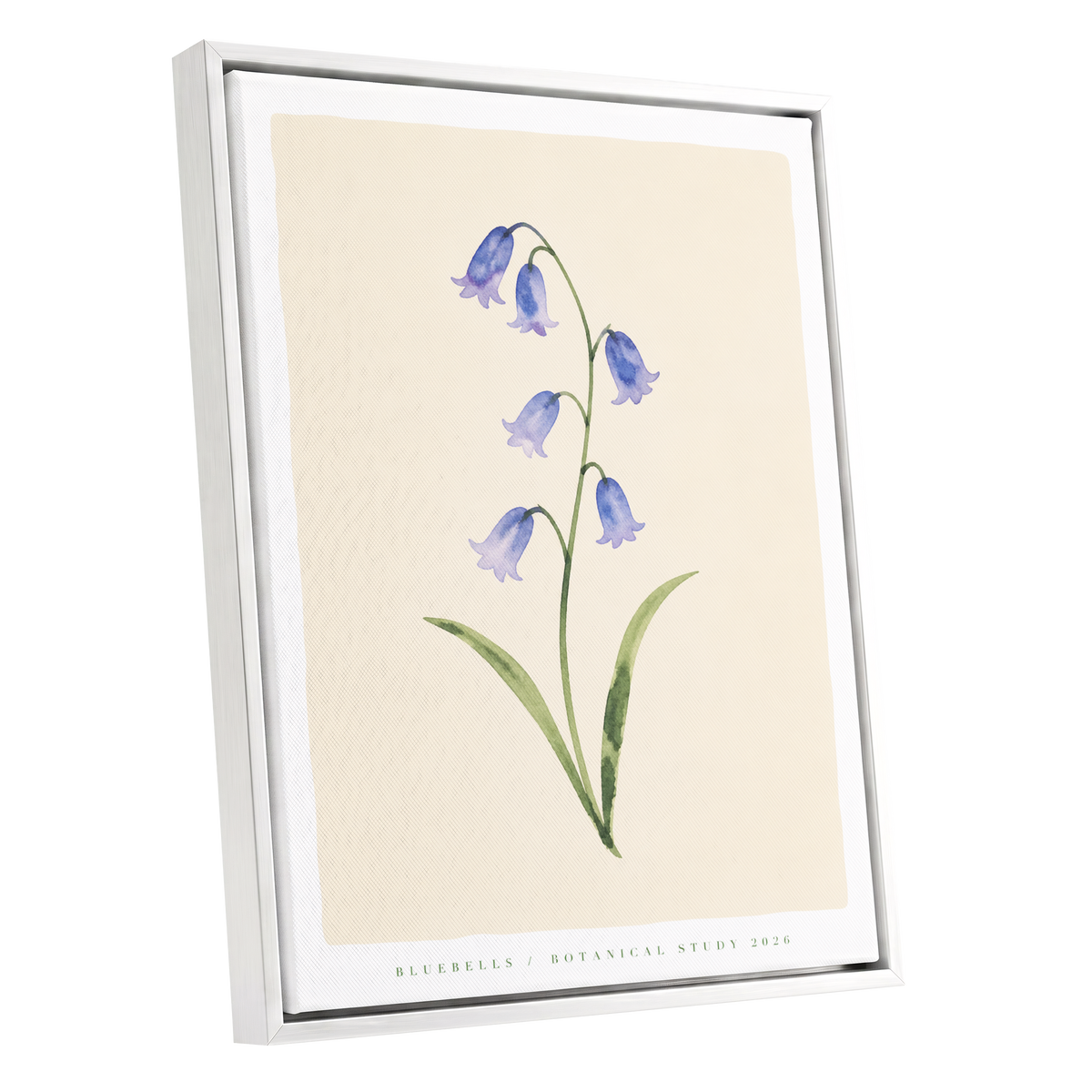 Bluebell Reverie, blue, green, beige floral wall art shown as a white framed canvas wall art
