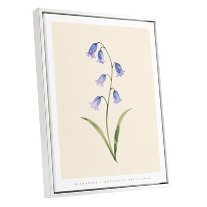 Bluebell Reverie, blue, green, beige floral wall art shown as a white framed canvas wall art