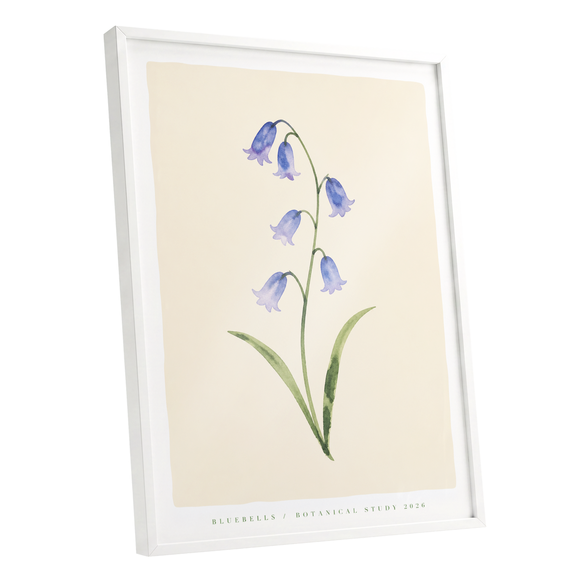Bluebell Reverie, blue, green, beige floral wall art shown as a white framed poster wall art print