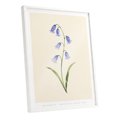 Bluebell Reverie, blue, green, beige floral wall art shown as a white framed poster wall art print