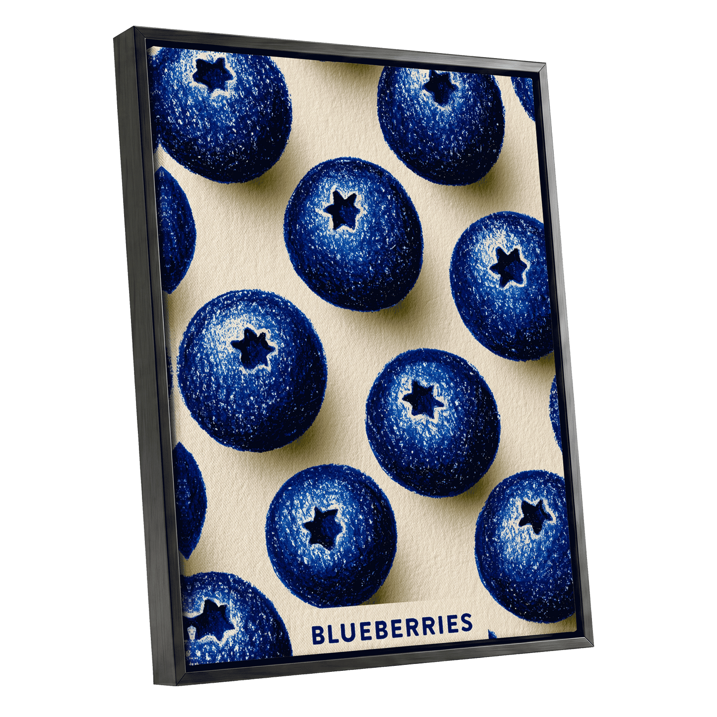 Blueberry Rhythm, blue, beige, black nature wall art shown as a black framed canvas wall art