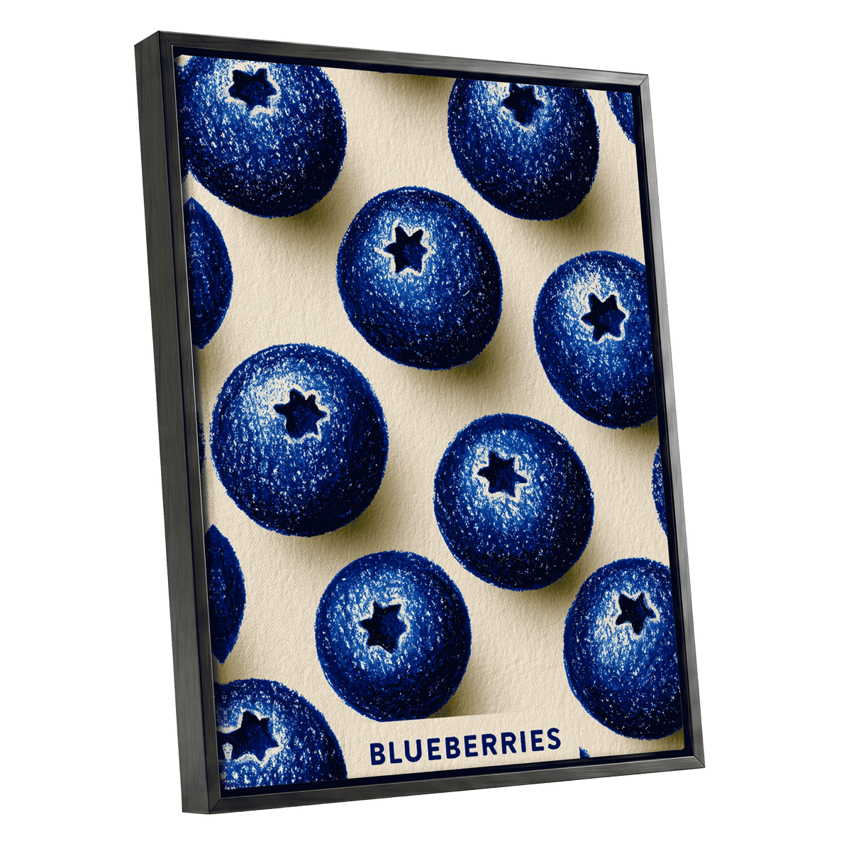 Blueberry Rhythm, blue, beige, black nature wall art shown as a black framed canvas wall art