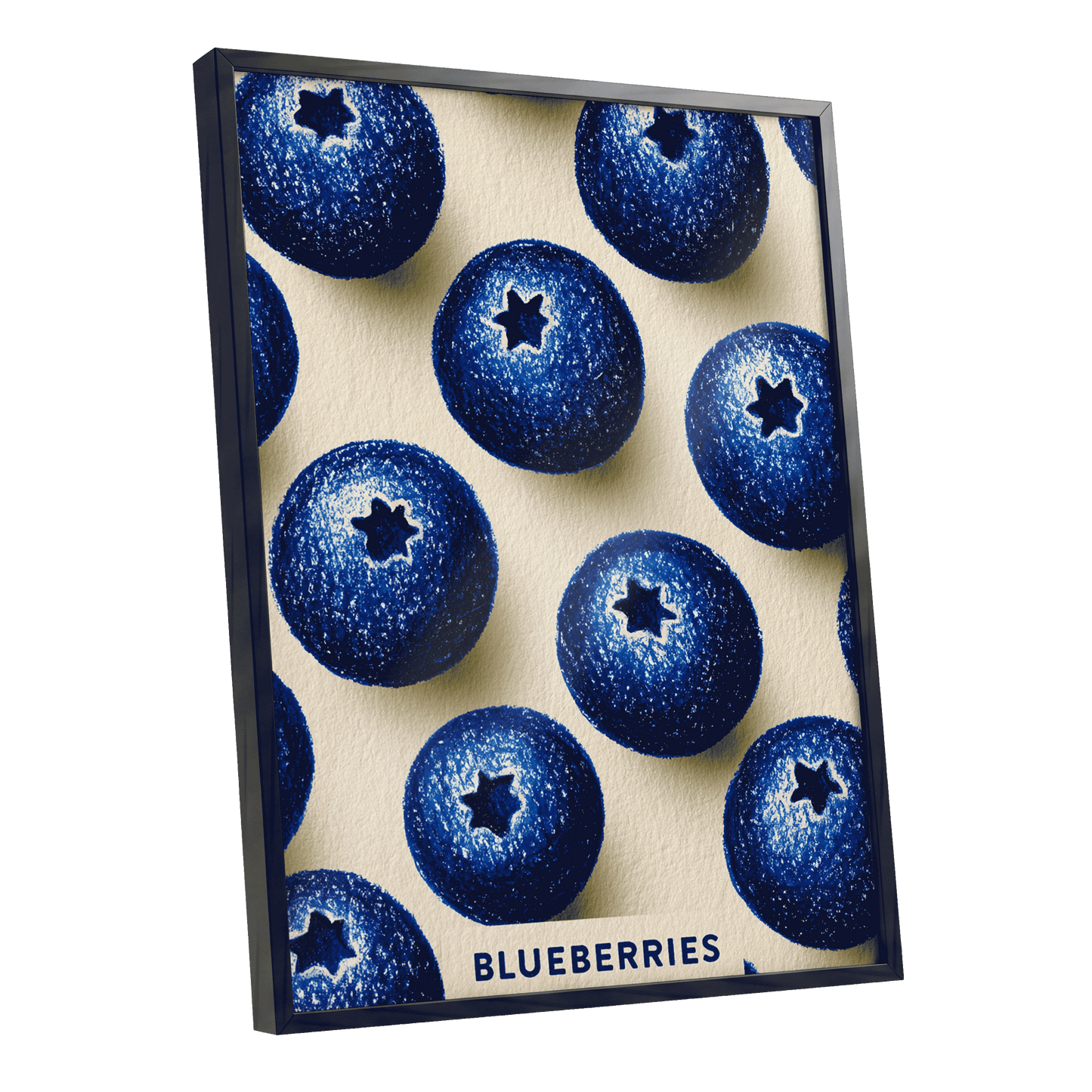 Blueberry Rhythm, blue, beige, black nature wall art shown as a black framed poster wall art print