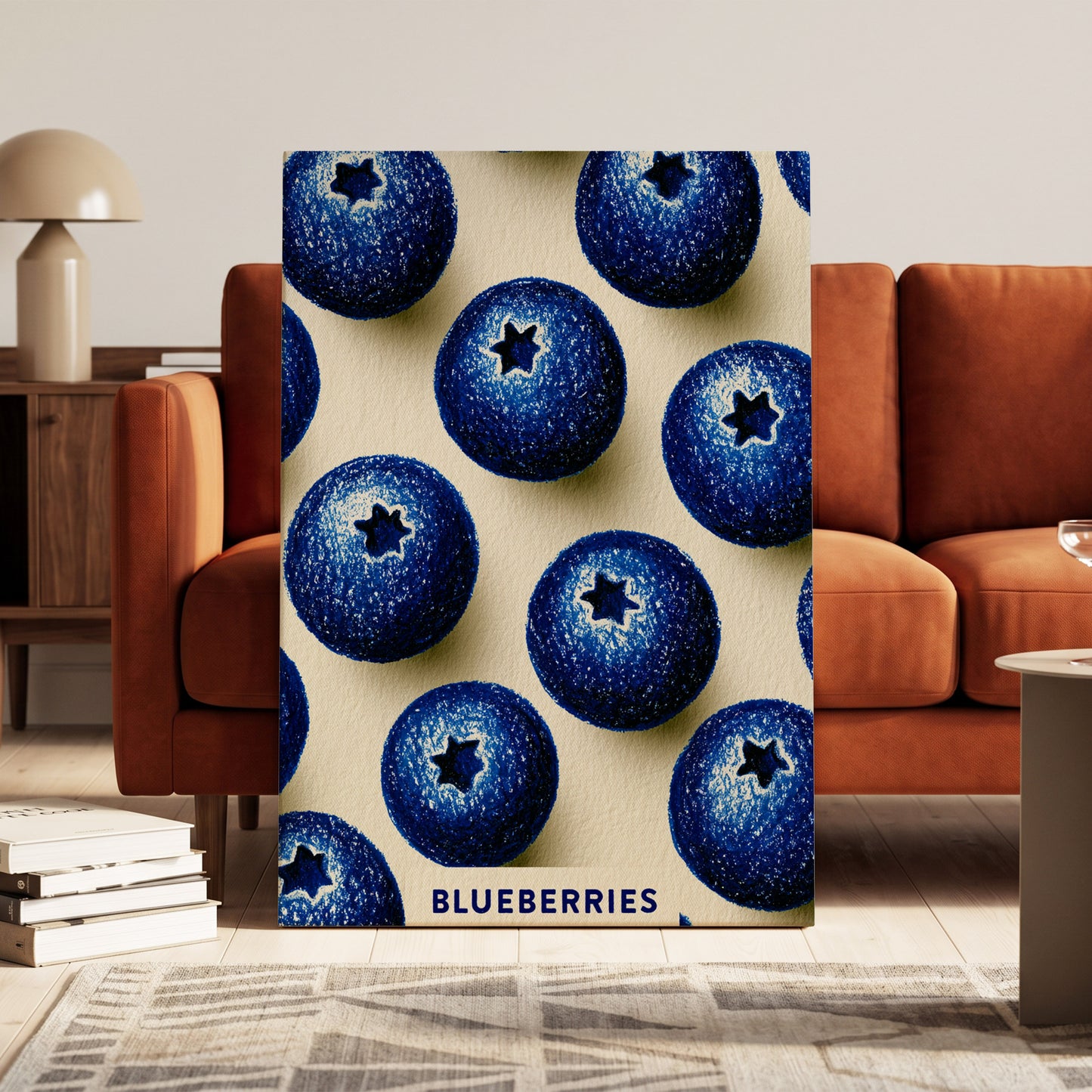 Blueberry Rhythm, blue, beige, black nature wall art on canvas displayed in a styled interior, gallery view 1