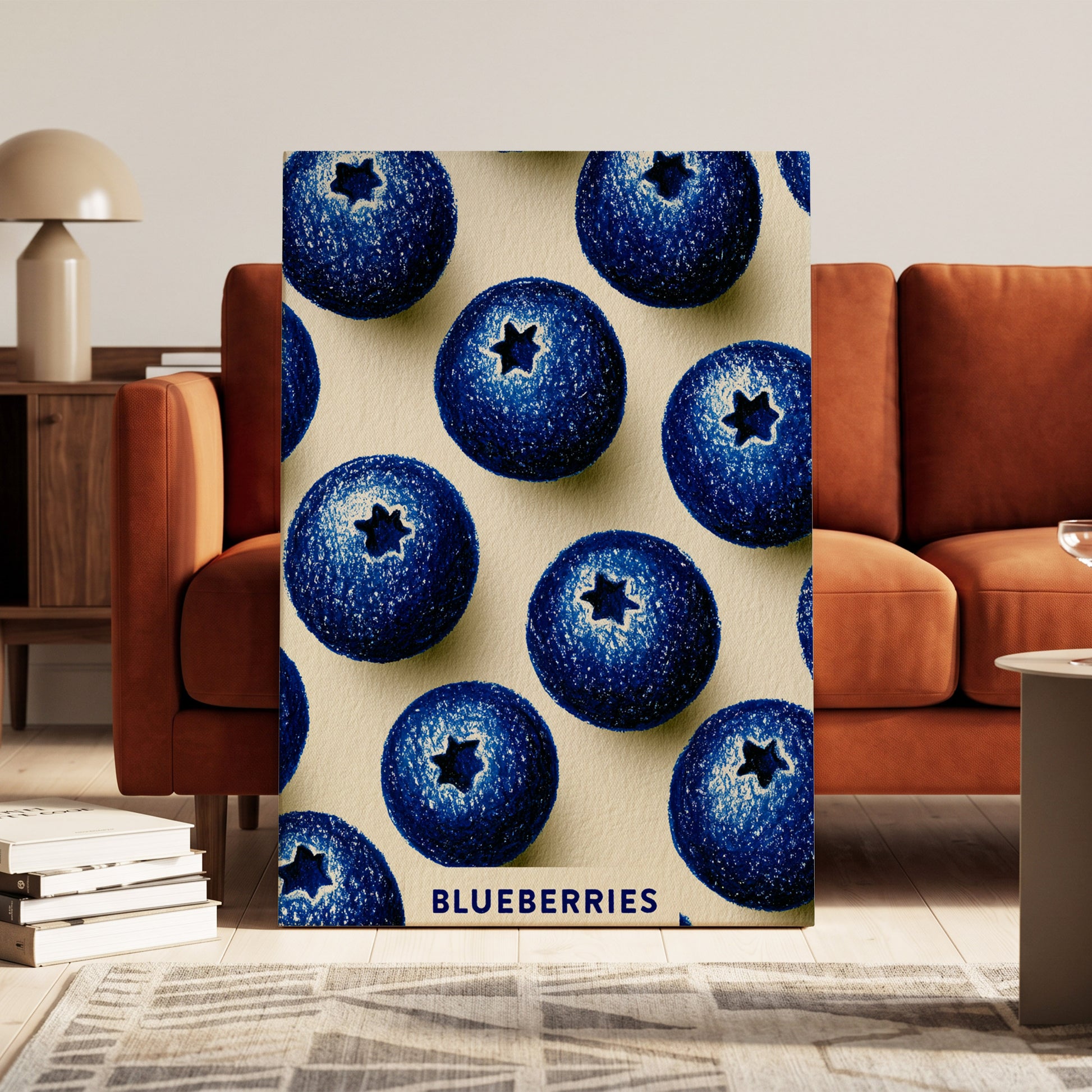 Blueberry Rhythm, blue, beige, black nature wall art on canvas displayed in a styled interior, gallery view 1